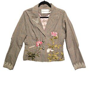 New Paparazzi by Biz Womens Floral Embroidered Plaid Blazer Jacket Preppy L